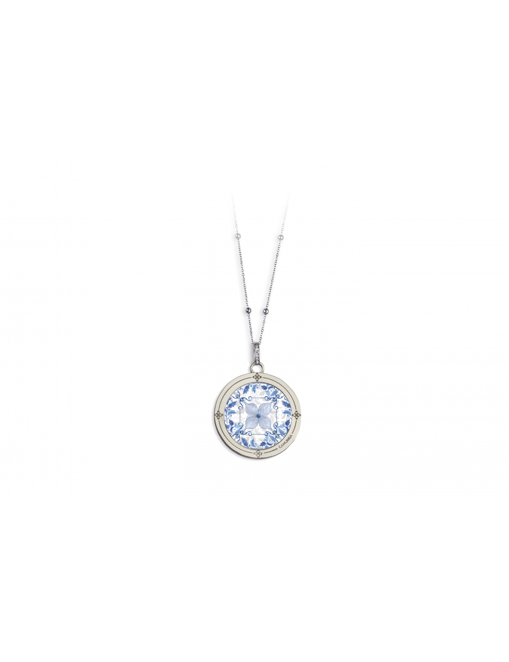 Collana Camurrìa A Maiolica Collana Lunga In Acciaio Con Pendente Tondo Stampa Maiolica