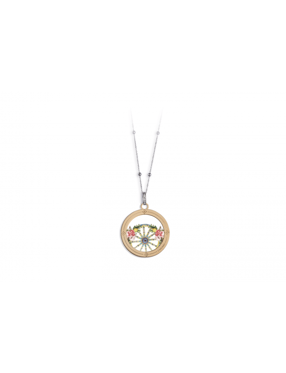 Collana Camurrìa A Rosa Collana Lunga Con Pendente Tondo Pvd Oro Rosa Stampa Rose Su Ruota
