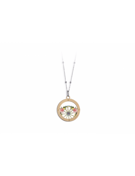 Collana Camurrìa A Rosa Collana Lunga Con Pendente Tondo Pvd Oro Rosa Stampa Rose Su Ruota