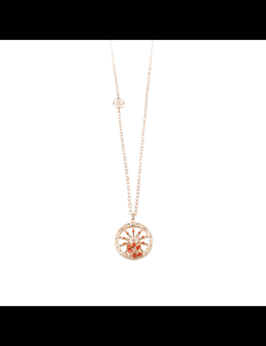 Collana Camurrìa A Rota Collana Lunga Pvd Oro Rosa Con Pendente Ruota Con Smalto Arancione