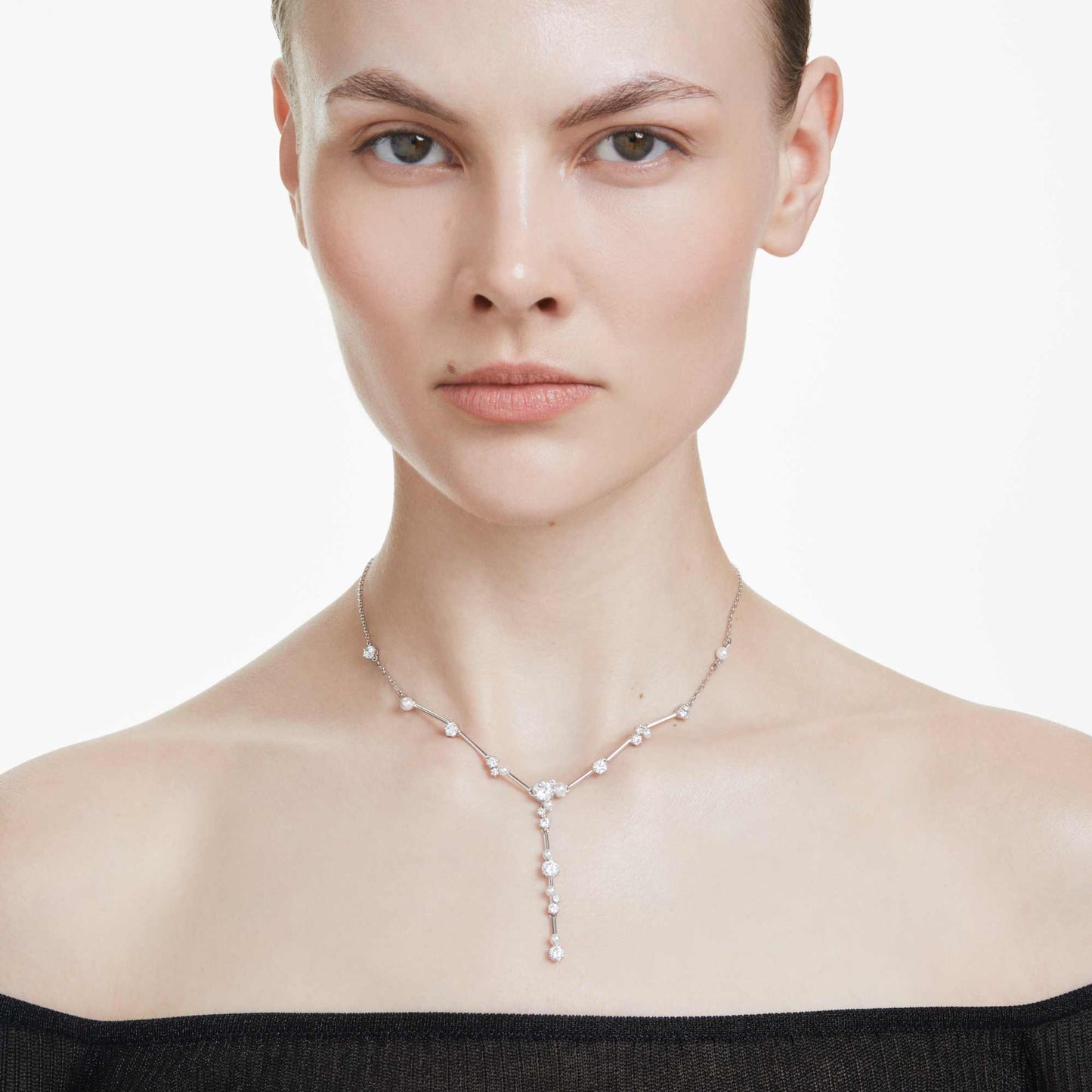 Collana a Y Swarovski Constella Crystal Pearl, tagli Round, Bianco, Placcato rodio