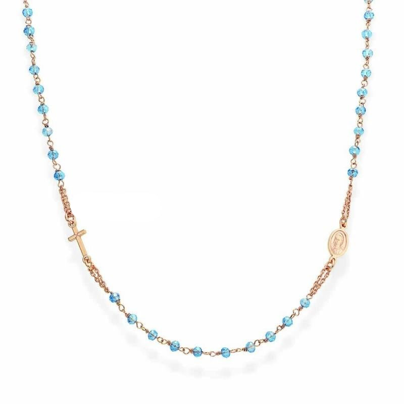 Collana Girocollo Amen I Rosari Girocollo Argento Rosato Sferette Cristallo Cangiante Azzurro Croce e Medaglietta