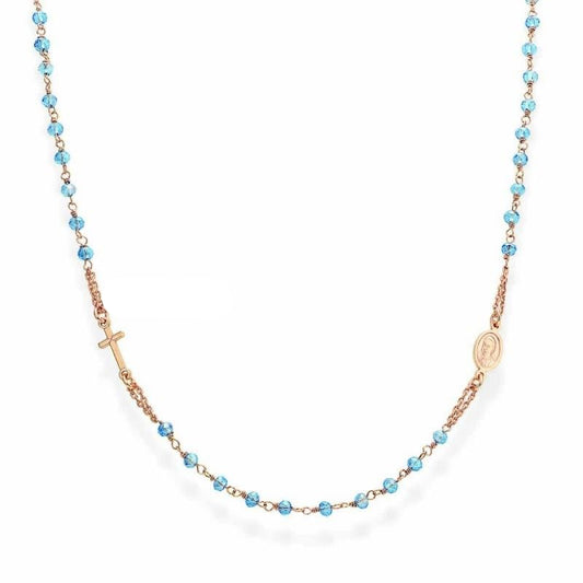 Collana Girocollo Amen I Rosari Girocollo Argento Rosato Sferette Cristallo Cangiante Azzurro Croce e Medaglietta