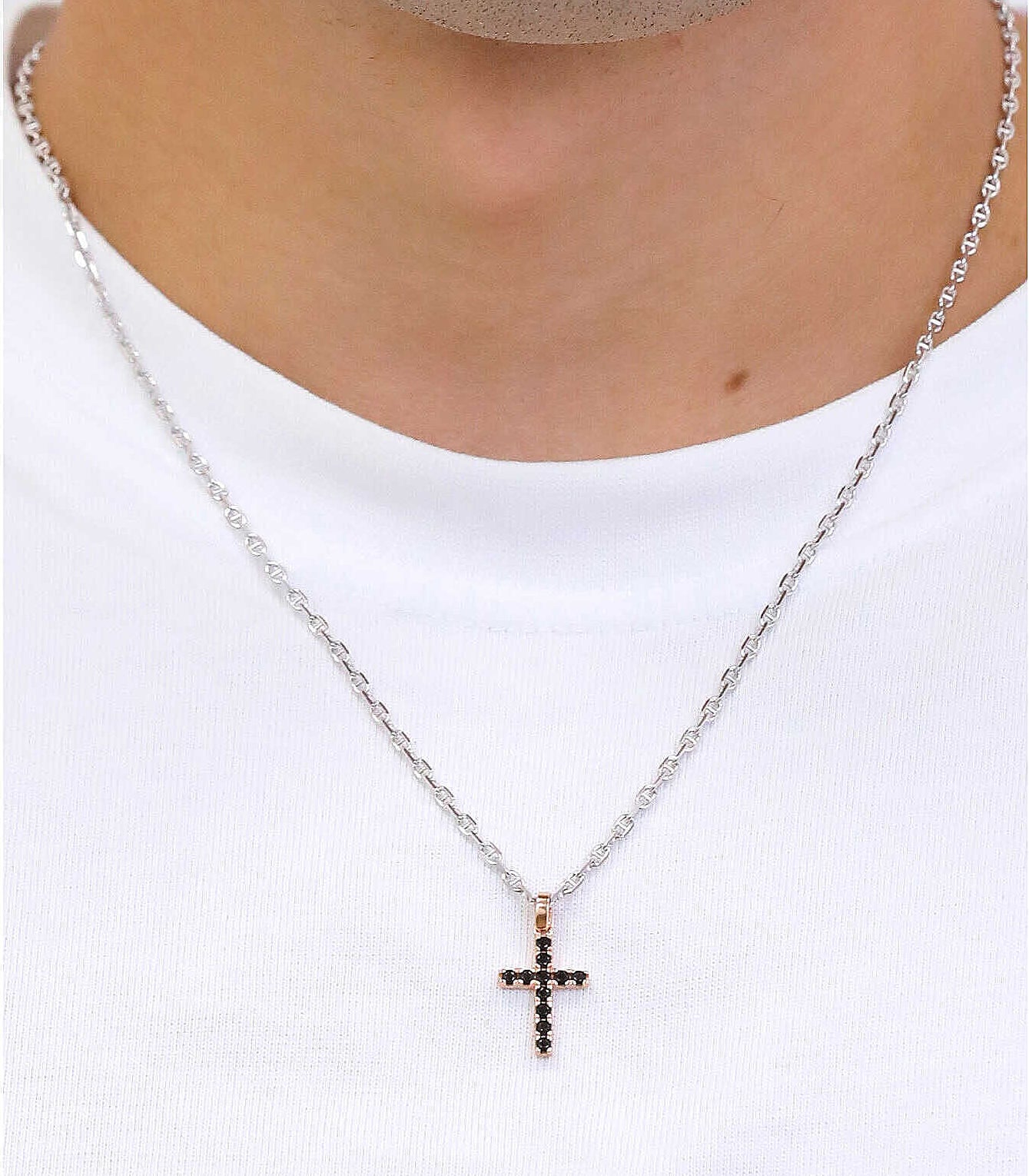 Collana Comete Tennis Argento Maglia Marinara Pendente Rosato Croce Zirconi Neri