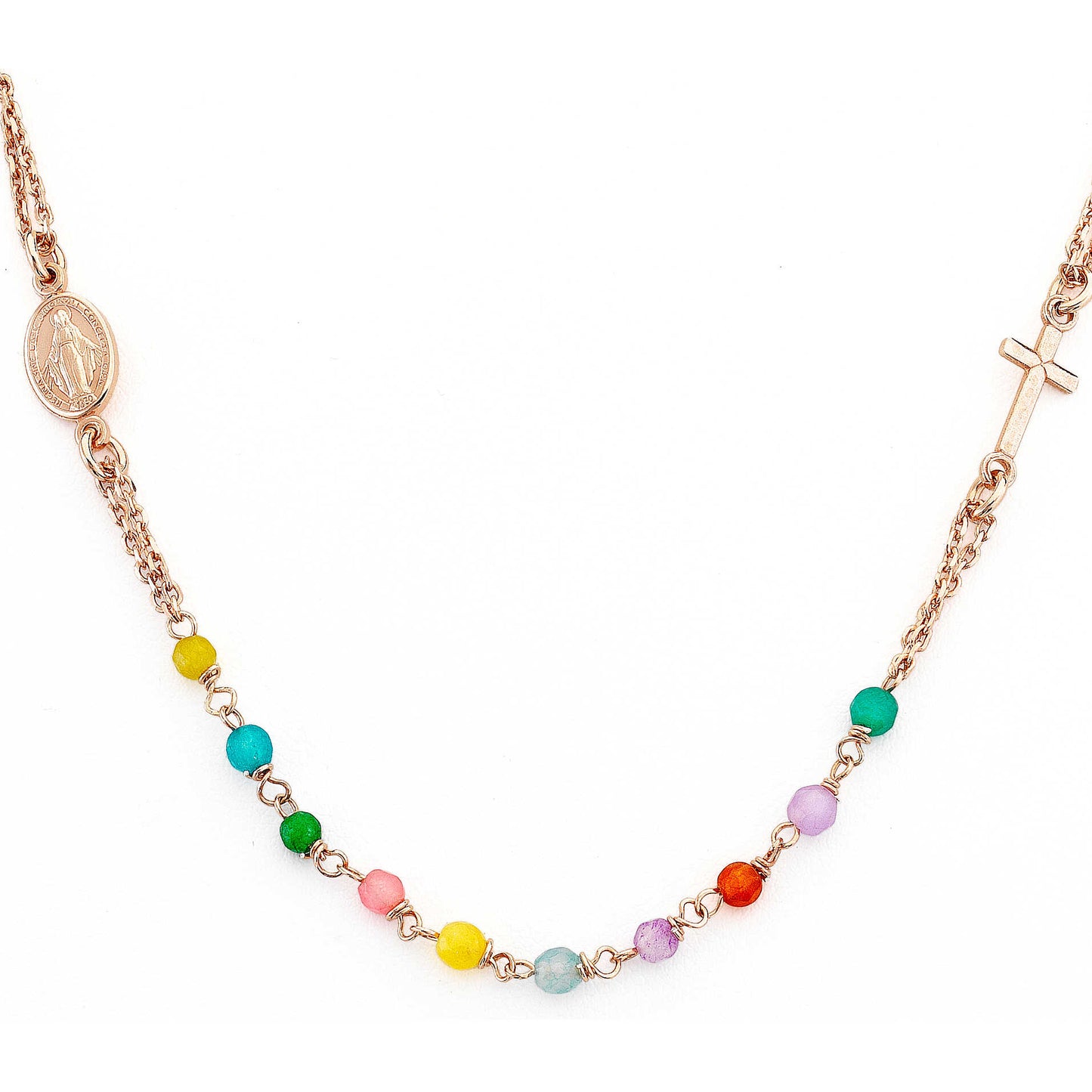 Collana Girocollo Amen I Rosari Argento Rosato Sferette Cristallo Multicolor Croce e Medaglietta