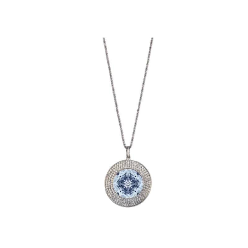 Collana Camurrìa A Visula Acciaio Con Ciondolo Medaglia Stampa Siciliana/Strass