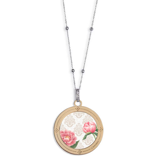 Collana Camurrìa A Peonia Acciaio Pendente Tondo Pvd Oro Rosa Stampa Fiori