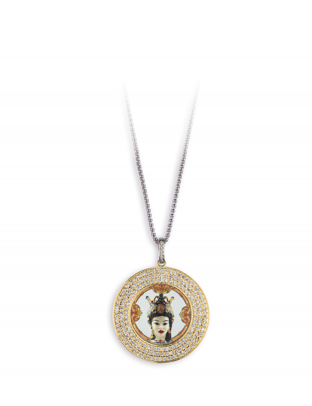 Collana Camurrìa A Tradizione A Bedda In Acciao Con Ciondolo Medaglia In Pvd Oro Stampa Siciliana e Strass