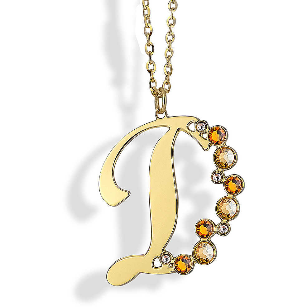 Collana Boccadamo Mediterranea Je Suis Bronzo Pvd Oro Pendente Lettera D Cristalli Ambra e Champagne