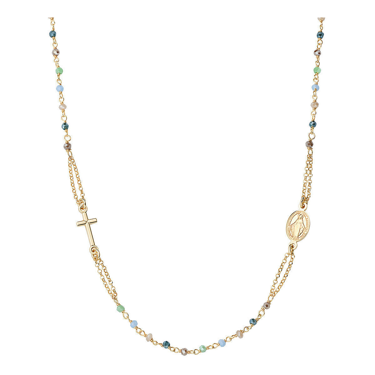 Collana Amen I Rosari Argento Dorato Cristalli Multicolor Croce e Medaglietta