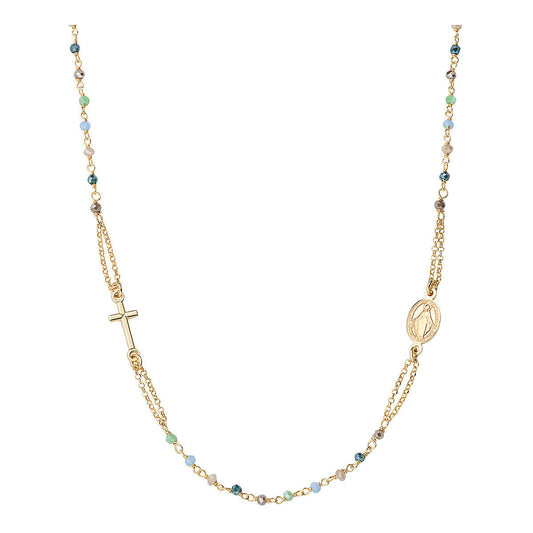 Collana Amen I Rosari Argento Dorato Cristalli Multicolor Croce e Medaglietta
