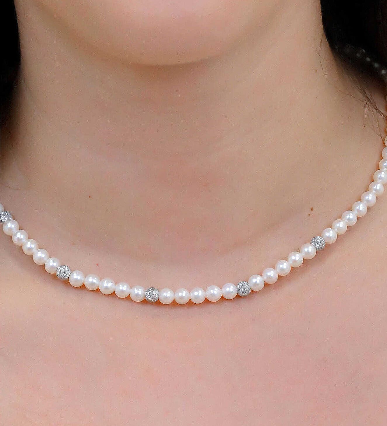 Collana Girocollo Comete Fili Fantasia Oro Bianco 18 Kt Perle Sfere Diamantate Piccole