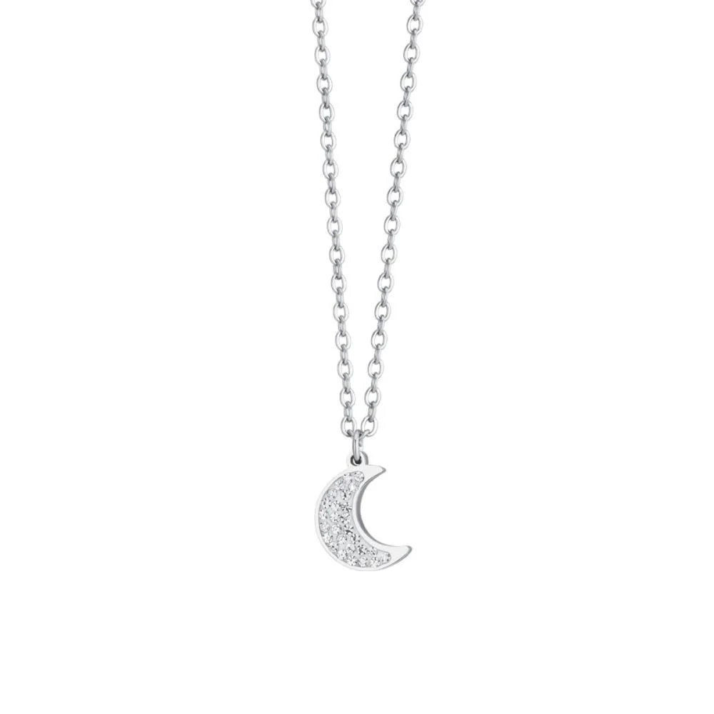 Collana Luca Barra Acciaio Maglia Catena Pendente Luna E Cristalli Bianchi