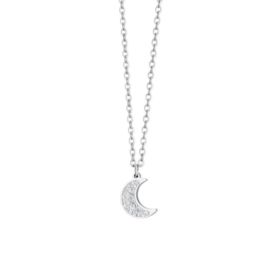 Collana Luca Barra Acciaio Maglia Catena Pendente Luna E Cristalli Bianchi