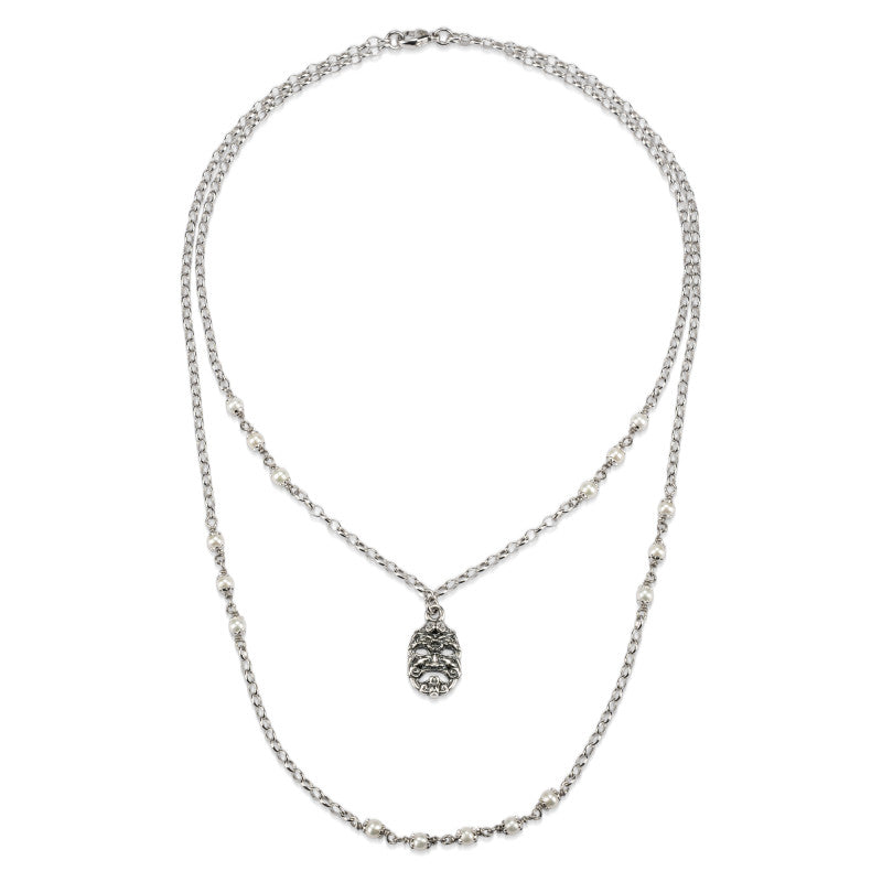 Collana Doppio Filo Gerardo Sacco Perle Argento Brunito Pendente Maschera