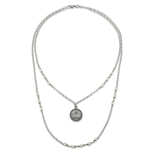 Collana Doppio Filo Gerardo Sacco Perle Argento Brunito con Pendente Moneta