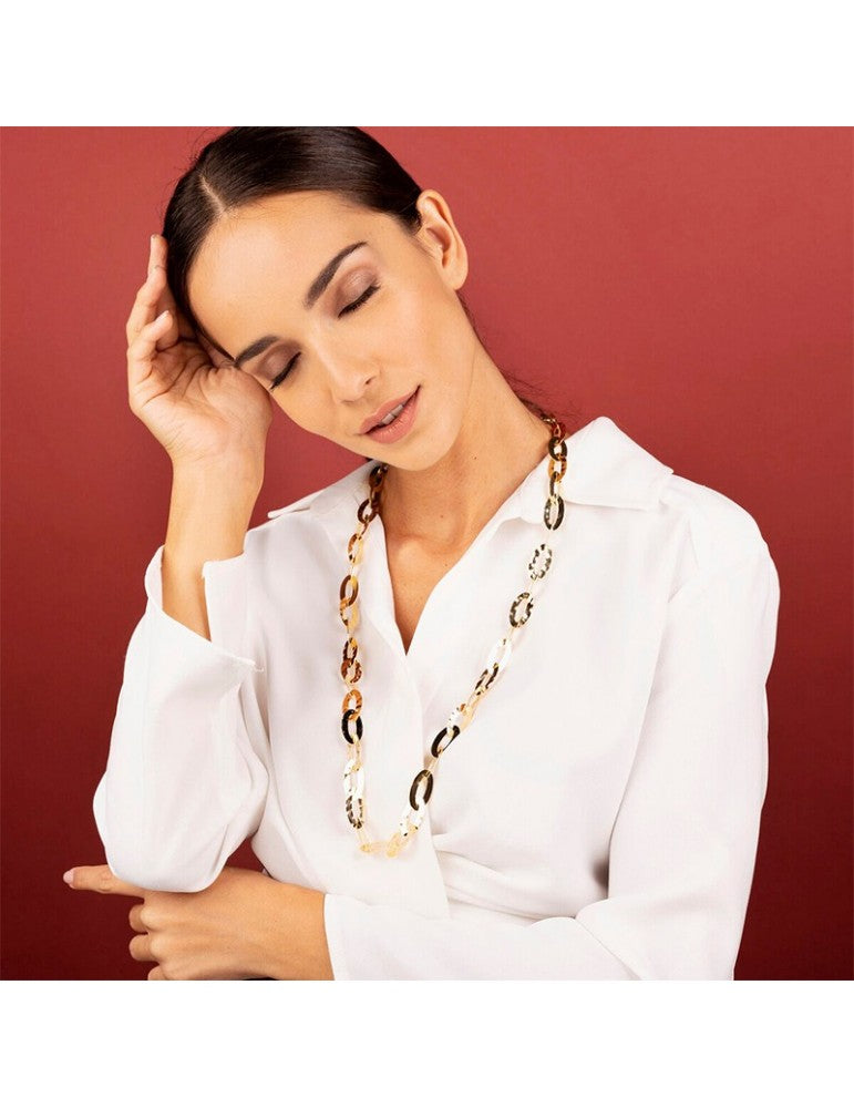 Collana Lunga Etrusca Gioielli Lega Golden Placcata Oro 18 Kt Maglie Ovali Martellate