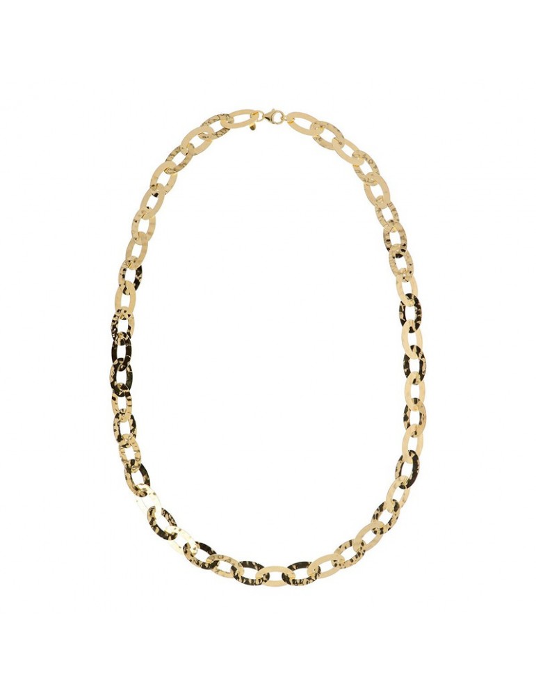 Collana Lunga Etrusca Gioielli Lega Golden Placcata Oro 18 Kt Maglie Ovali Martellate