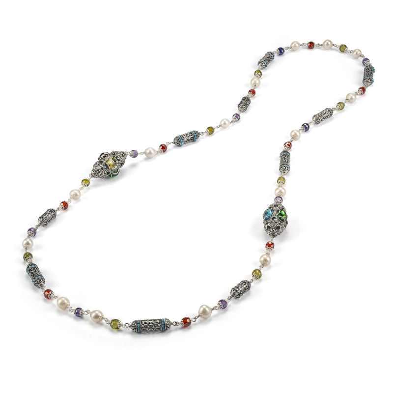 Collana Lunga Gerardo Sacco Trottole Argento Brunito Perle Cubic Zirconia Multicolor e Lanterne Mediterrannee