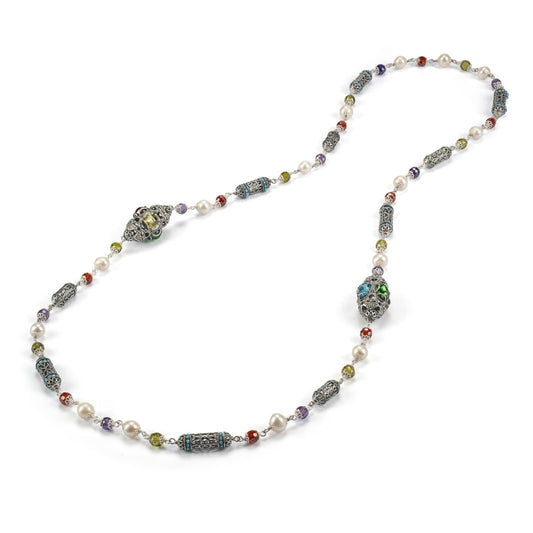 Collana Lunga Gerardo Sacco Trottole Argento Brunito Perle Cubic Zirconia Multicolor e Lanterne Mediterrannee
