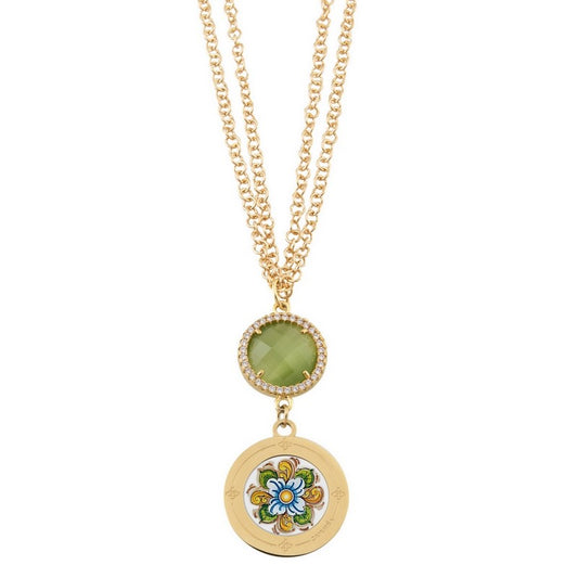 Collana 2 Fili Camurria M'ama Non M'ama Pvd Oro Pendente Doppio Cerchio con Strass e Stampa Fiore
