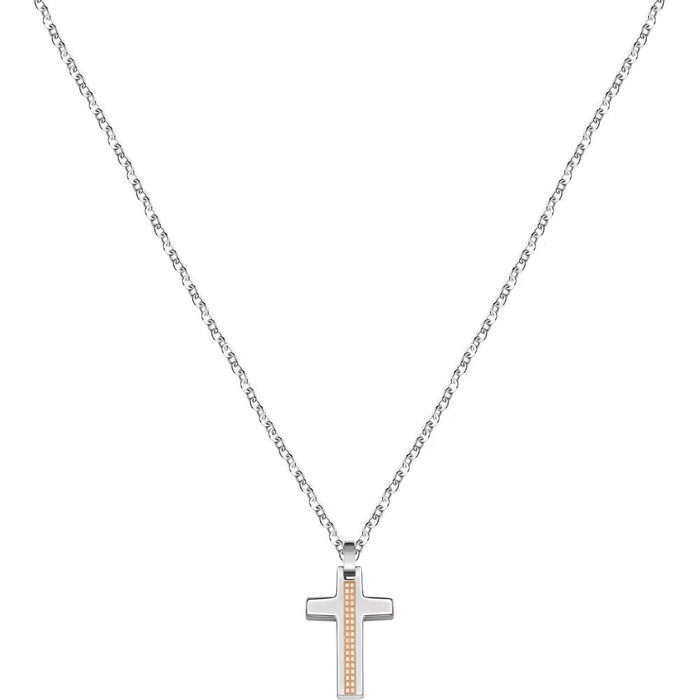 Collana Uomo Morellato Motown Acciaio Pendente Croce Pvd Oro Rosa
