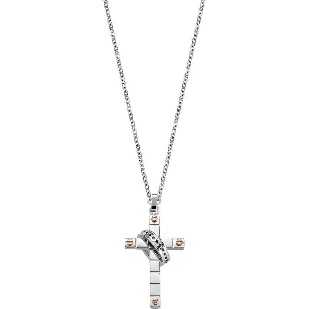 Anello Sector Spirit Collana In Acciaio Con Pendente Croce Acciaio/Pvd Oro Rosa E Sovrapposto Cristalli Neri