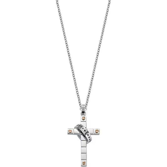 Anello Sector Spirit Collana In Acciaio Con Pendente Croce Acciaio/Pvd Oro Rosa E Sovrapposto Cristalli Neri