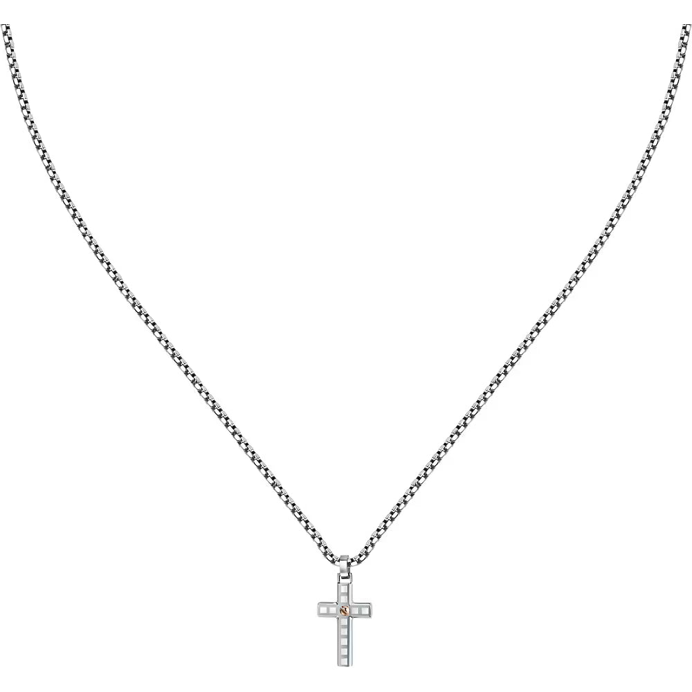Collana Uomo Sector Spirit A Maglie Tondine Acciaio Con Pendente Croce Quadrettata + Vite Pvd Oro Rosa