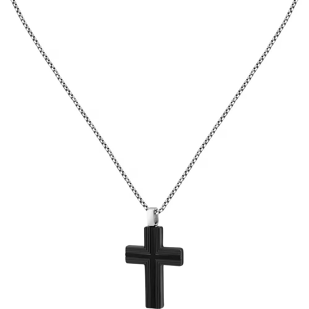 Collana Uomo Sector Spirit Acciaio Pendente Croce Pvd Nero Rigata