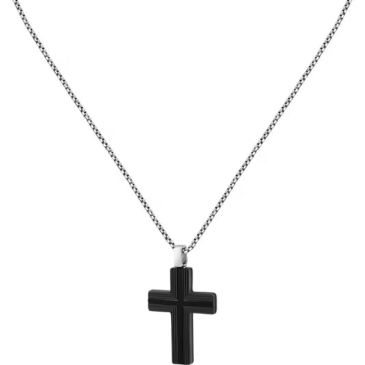Collana Uomo Sector Spirit Acciaio Pendente Croce Pvd Nero Rigata