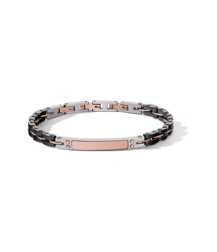 Bracciale Comete Ceramik Acciaio Ceramica Nera Inserti Pvd Oro Rosa con Piastrina Centrale
