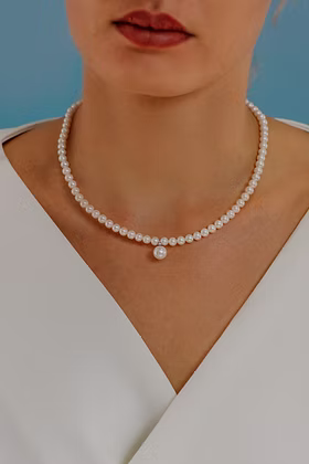 Collana Girocollo Comete Filo Perle Acquadolce Pendente Centrale Oro Bianco e Diamante