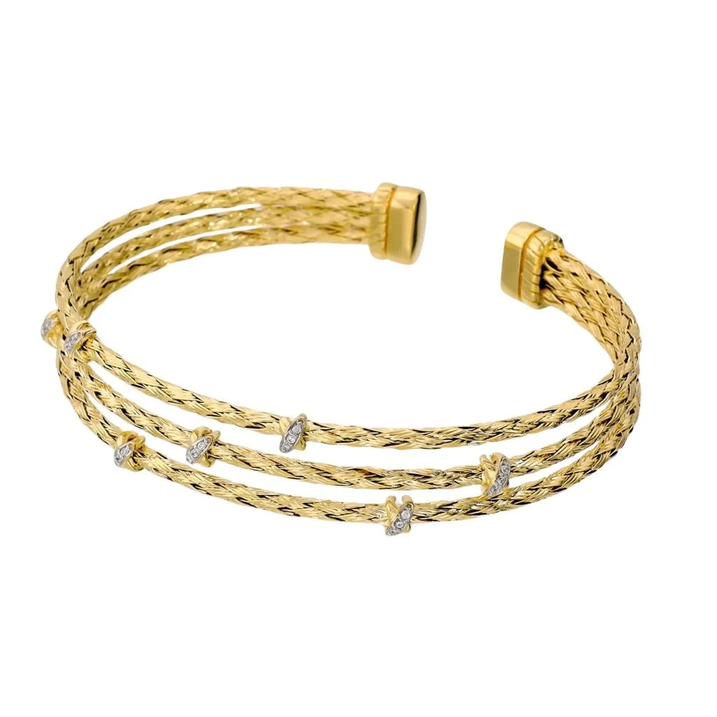 Bracciale Rigido Etrusca Gioielli Aperto Sotto Lega Golden Placcata Oro 18 Kt Tre Fili Torchon Con Cristalli