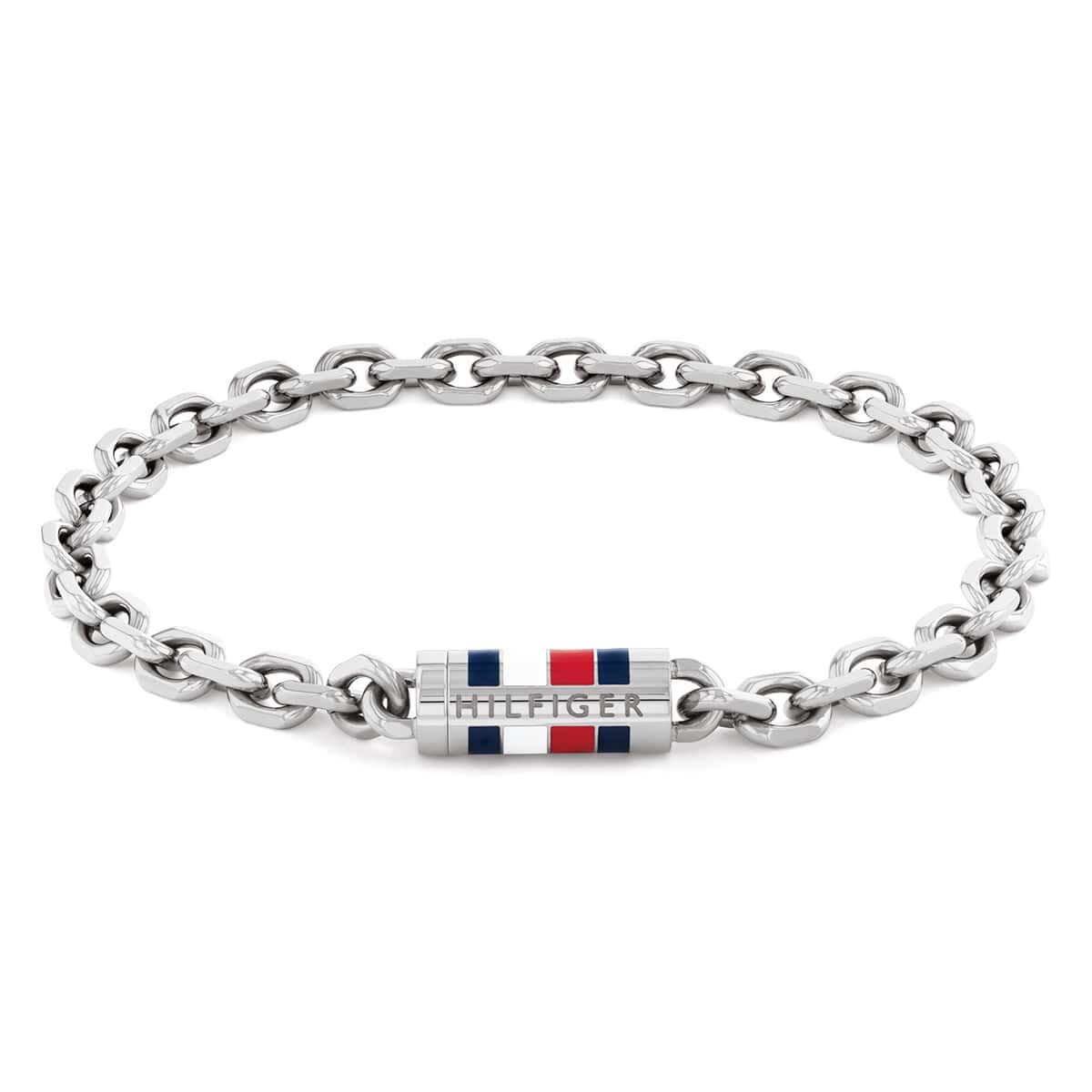 Bracciale Uomo Tommy Hilfiger Bruce Acciaio Catena Maglie Ovali Barilotto Centrale Smalto Bianco/Rosso/Blu