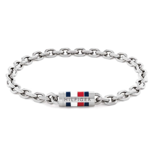 Bracciale Uomo Tommy Hilfiger Bruce Acciaio Catena Maglie Ovali Barilotto Centrale Smalto Bianco/Rosso/Blu