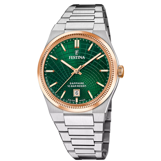Orologio Festina Rivè Swiss Made 24,7 Mm Acciaio/Pvd Oro Rosa Braccialato Verde