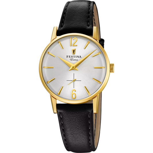Orologio Festina Vintage Lady 29 mm Pvd Oro Cinturino Pelle Nera Quadrante Silver