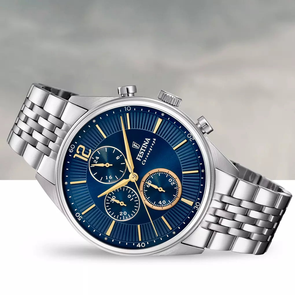 Orologio Festina Timeless Chrono 41 Mm Acciaio Braccialato Blu