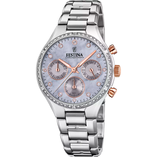 Orologio Festina Boyfriend Chrono Lady Strass 36 Mm Acciaio/Pvd Oro Rosa Braccialato