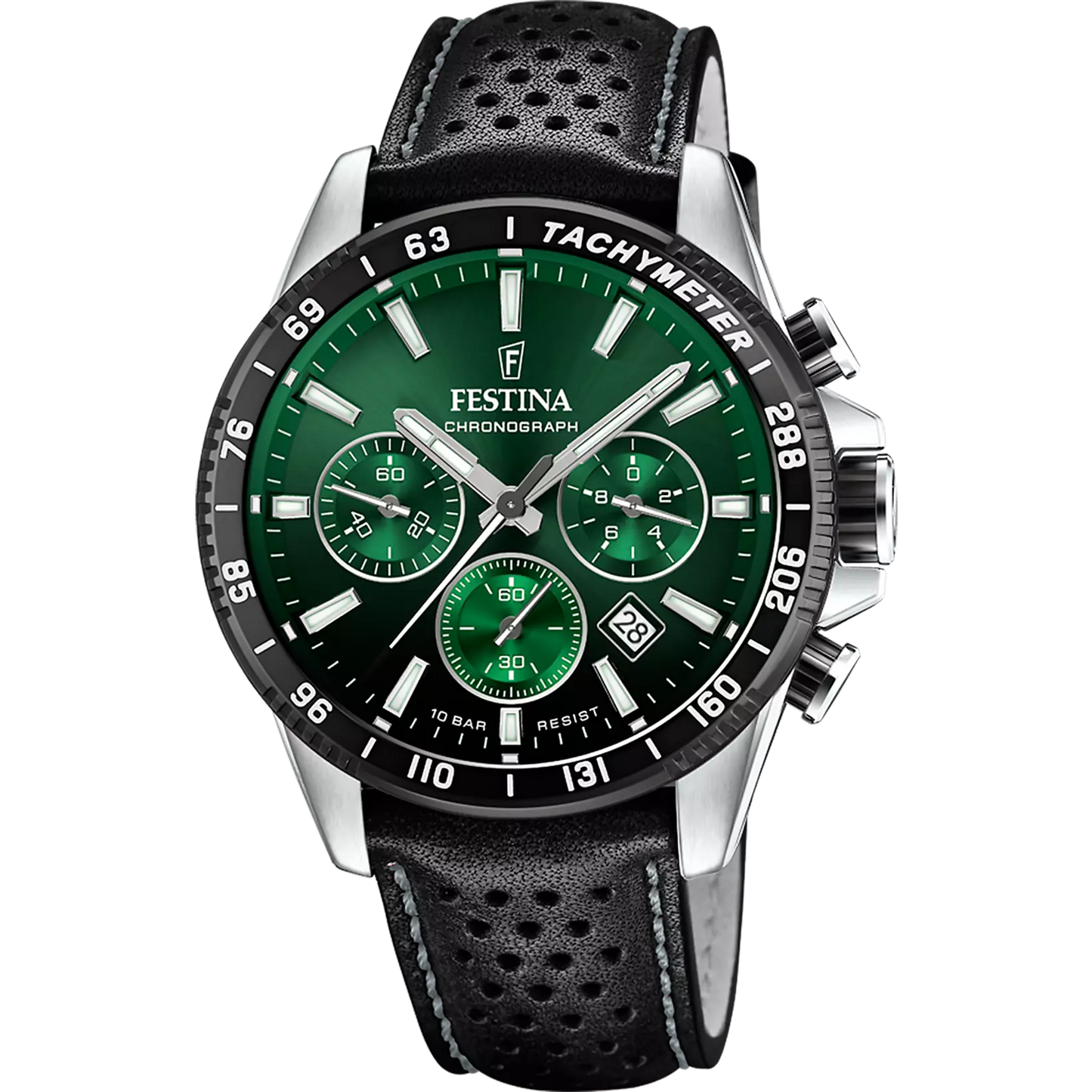 Orologio Festina Timeless Chrono 45 Mm Acciaio Pelle Nera Quadrante Verde Sfumato Nero