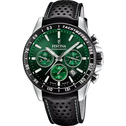 Orologio Festina Timeless Chrono 45 Mm Acciaio Pelle Nera Quadrante Verde Sfumato Nero