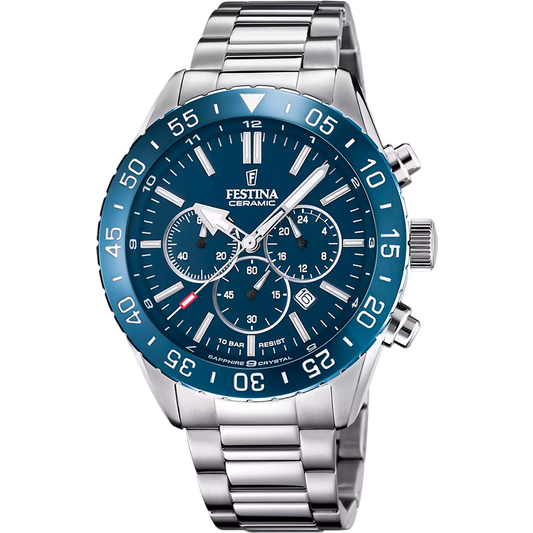 Orologio Festina Ceramic Chrono 44 Mm Acciaio Braccialato Blu