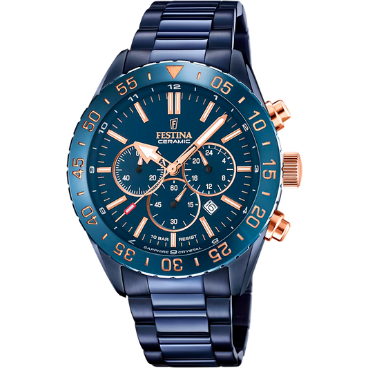 Orologio Festina Ceramic Chrono 44 Mm Pvd Blu Braccialato