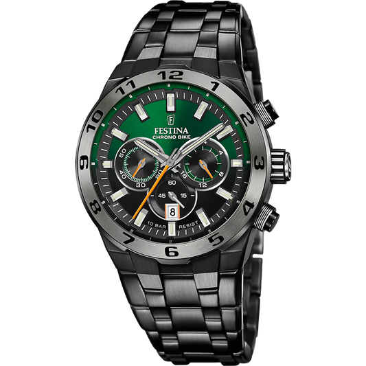 Confezione Speciale Orologio Festina Chrono Bike Special Edition 44,5 Mm Pvd Nero Braccialato + Cinturino Gomma Nera/Verde