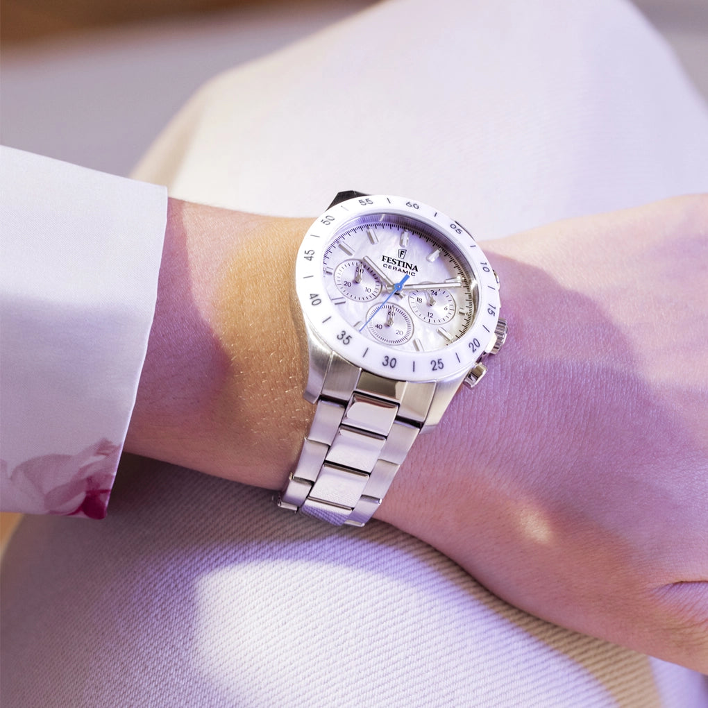Orologio Festina Ceramic Chrono Lady 39 Mm Acciaio Braccialato Madreperla