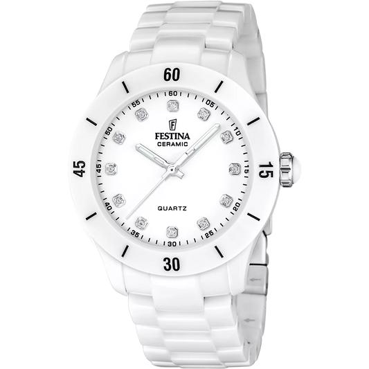 Orologio Festina Ceramic Lady 38 Mm Ceramica Bianca Braccialato Bianco