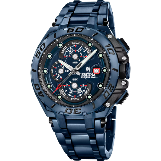 Confezione Speciale Orologio Festina Chrono Bike Special Edition 47 Mm Pvd Blu Braccialato + Cinturino Gomma Nera