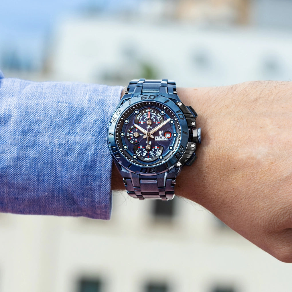 Confezione Speciale Orologio Festina Chrono Bike Special Edition 47 Mm Pvd Blu Braccialato + Cinturino Gomma Nera