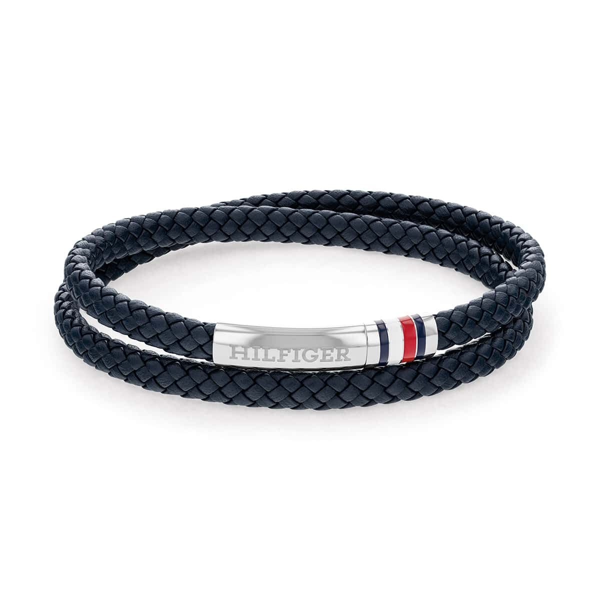 Bracciale a 2 Giri Uomo Tommy Hilfiger Double Pelle Intrecciata Blu Piastrina Acciaio e Smalto Bianco/Rosso/Blu